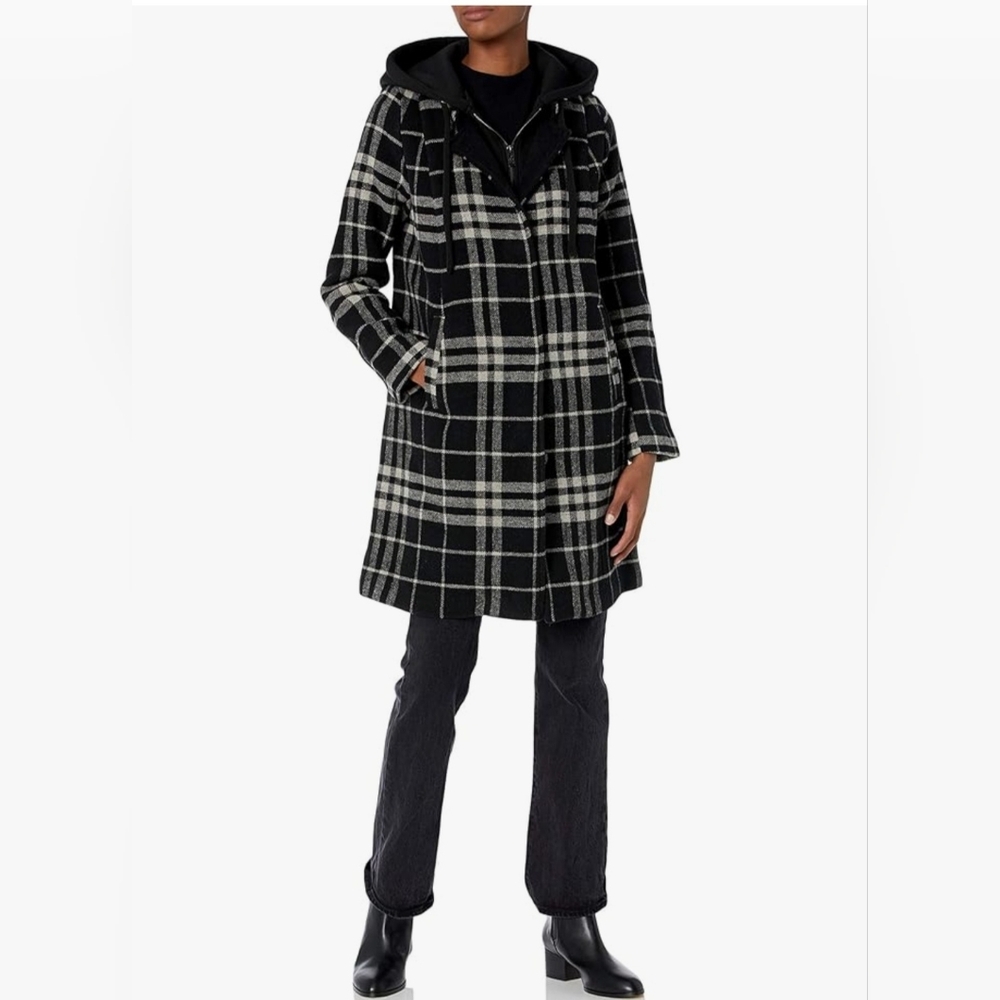 Rachel Roy black white plaid belted hooded walker coat with zip front bib size M